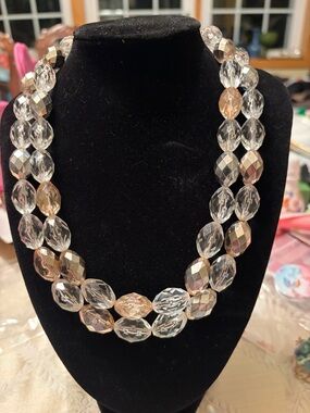 Double Strand Clear and Champagne Faceted Bead Necklace